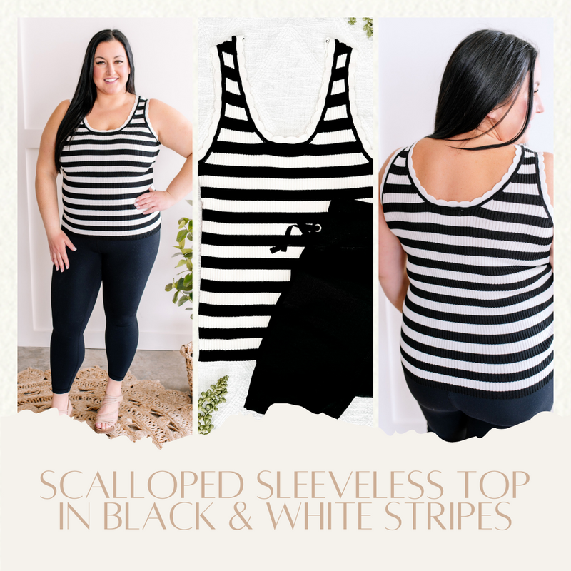 Scalloped Sleeveless Top In Black & White Stripes
