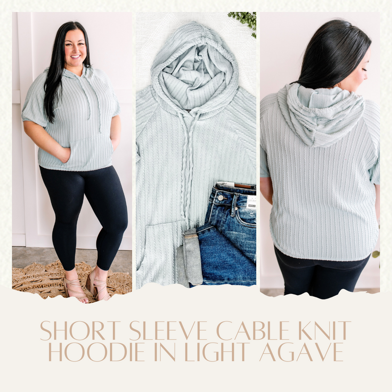 Short Sleeve Cable Knit Hoodie In Light Agave