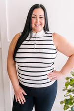 Sleeveless Zip Up Sweater Top In Black & White Stripes