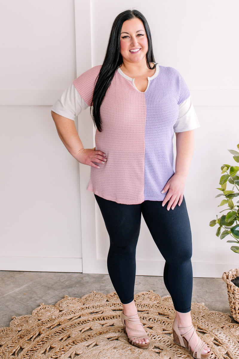 Color Block Short Sleeve Waffle Knit In Pink & Lilac
