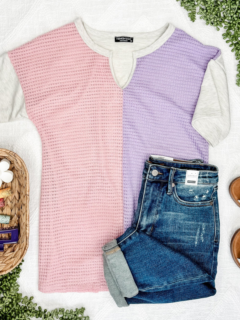 Color Block Short Sleeve Waffle Knit In Pink & Lilac