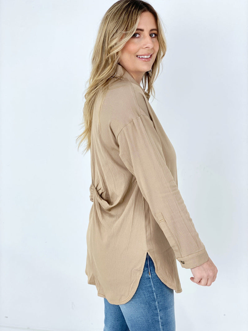 Easel Twisted Tunic Solid Button Down Shirt Tops