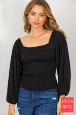 Black Long Sleeve Solid Knit Smocked Top