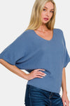 V-Neck Short Sleeve Dolman Sweater Cornflower Blue