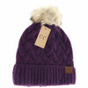 C.C Beanie - Chunky Braided Cable Knit Fur Pom C.C Beanie/; Purple