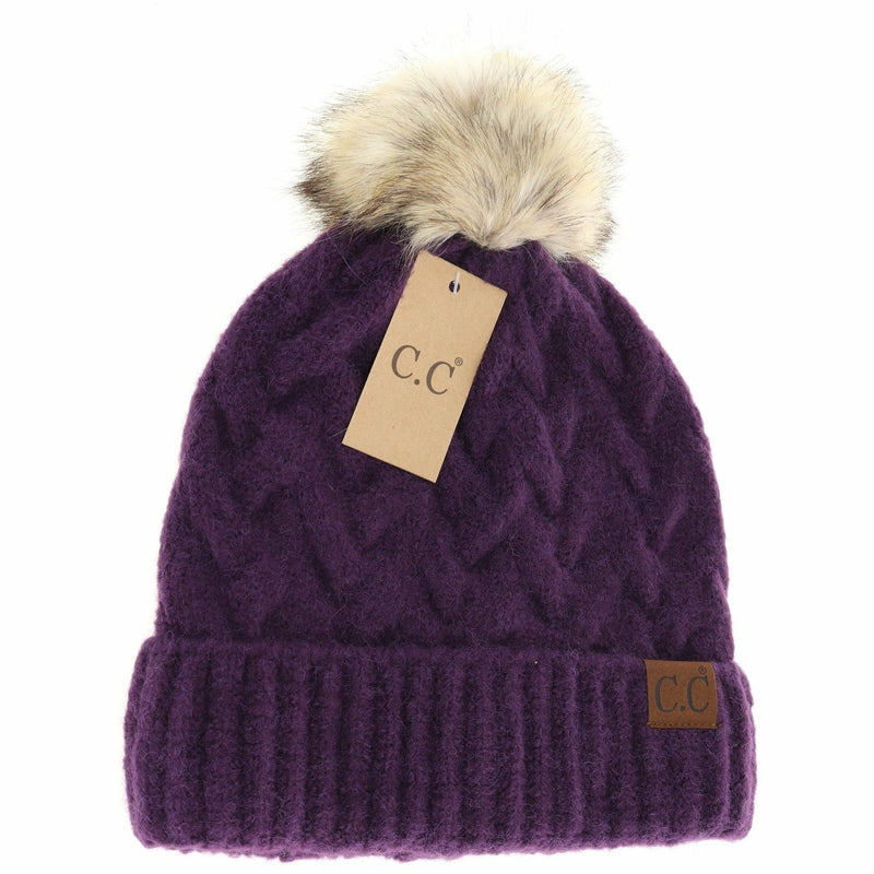 C.C Beanie - Chunky Braided Cable Knit Fur Pom C.C Beanie/; Purple