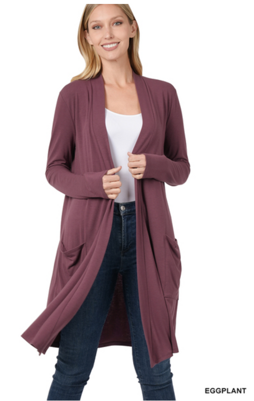 Slouchy Pocket Open Cardigan in Eggplant