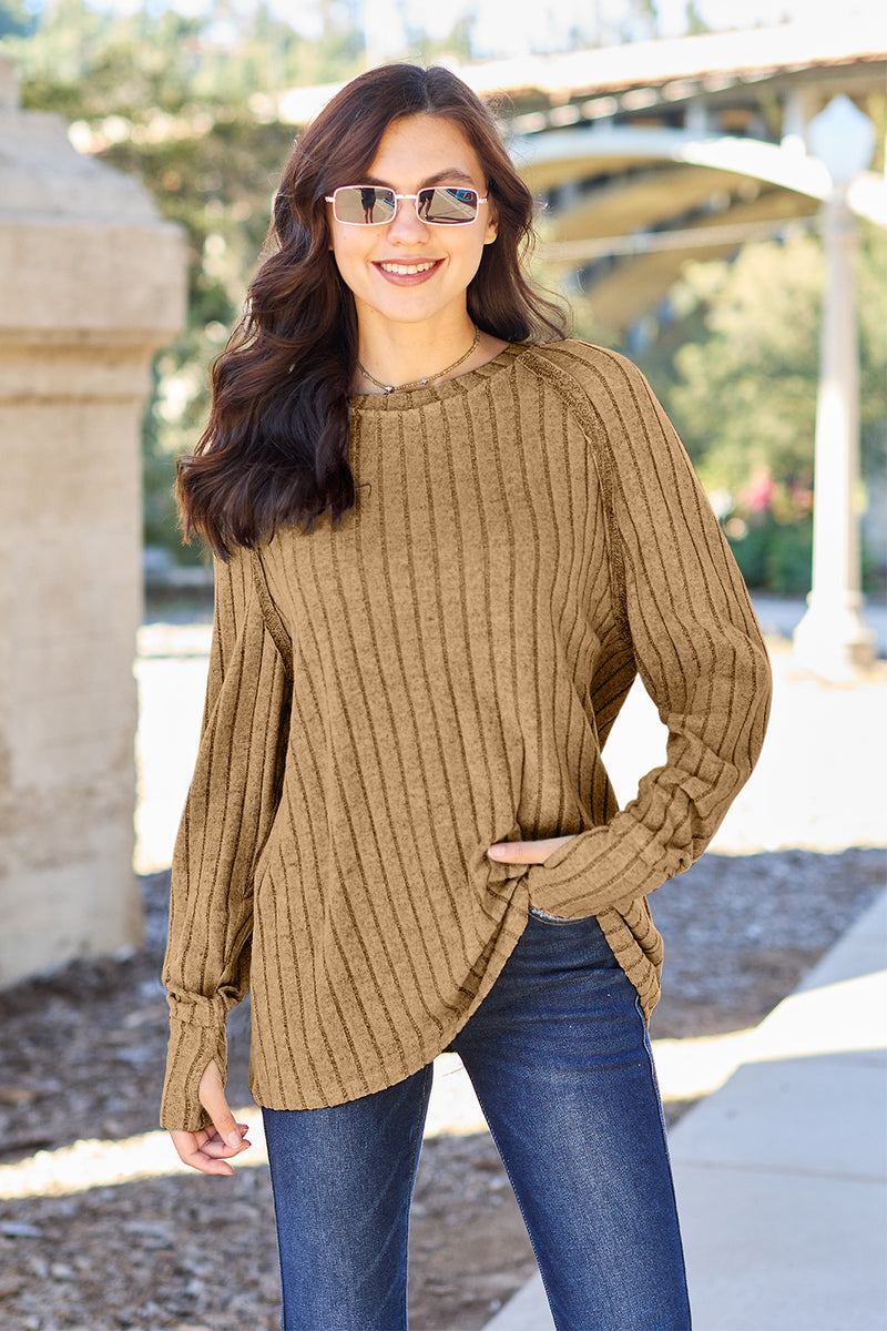 Ribbed Round Neck Long Sleeve Knit Top