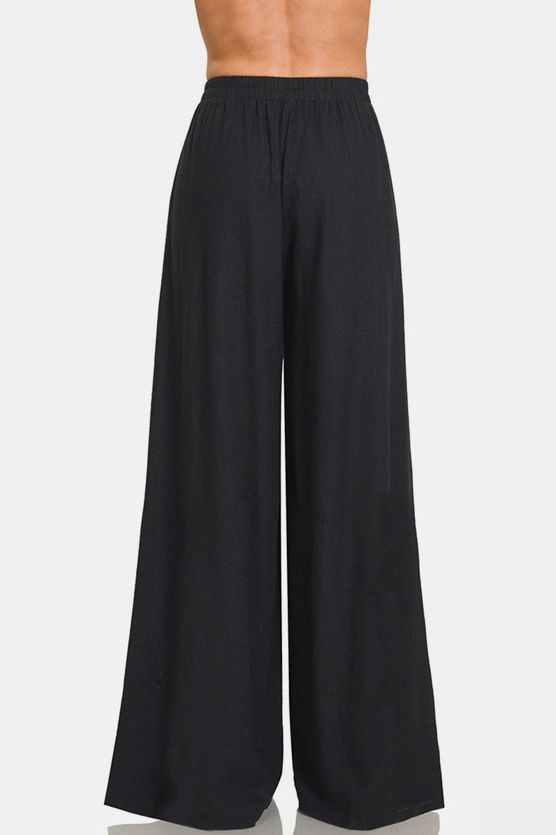 Pleated Linen Blend Wide Leg Pants in Black