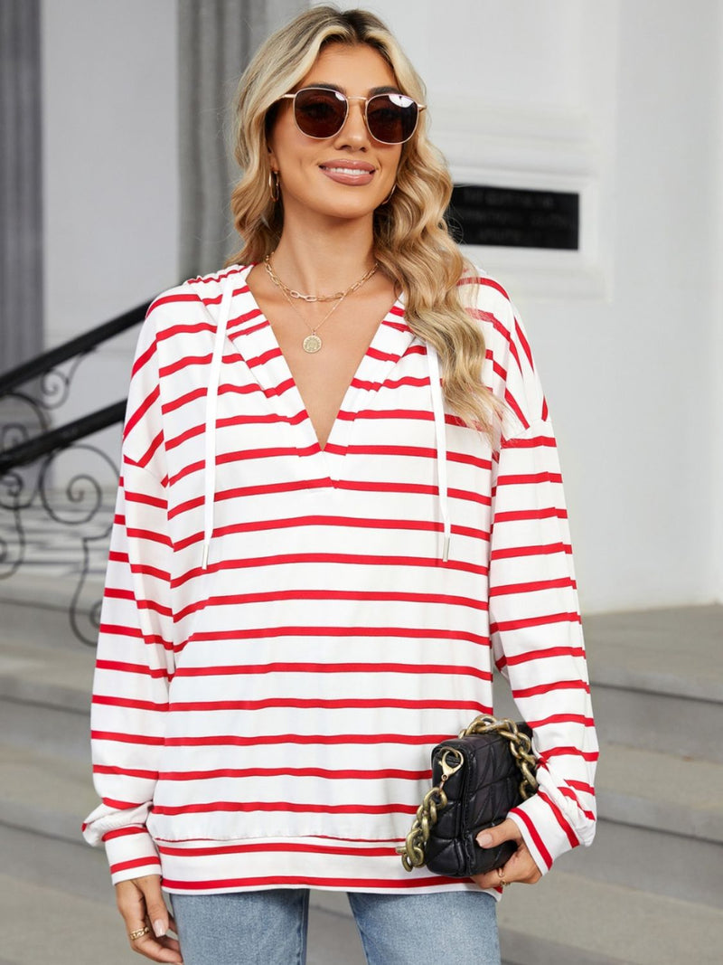 Drawstring Striped Long Sleeve Hoodie