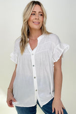 Woven Button Down Ruffle Sleeve Top Off White / S Blouses