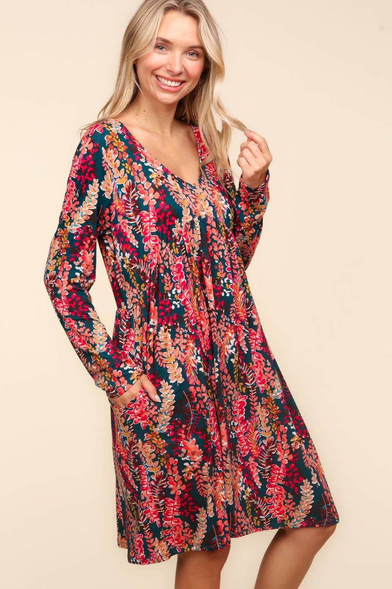 Babydoll Floral Knee Length Dress with Pockets in Hunter Green Berry SidePony Boutique Babydoll Floral Knee Length Dress with Pockets in Hunter Green Berry SidePony Boutique