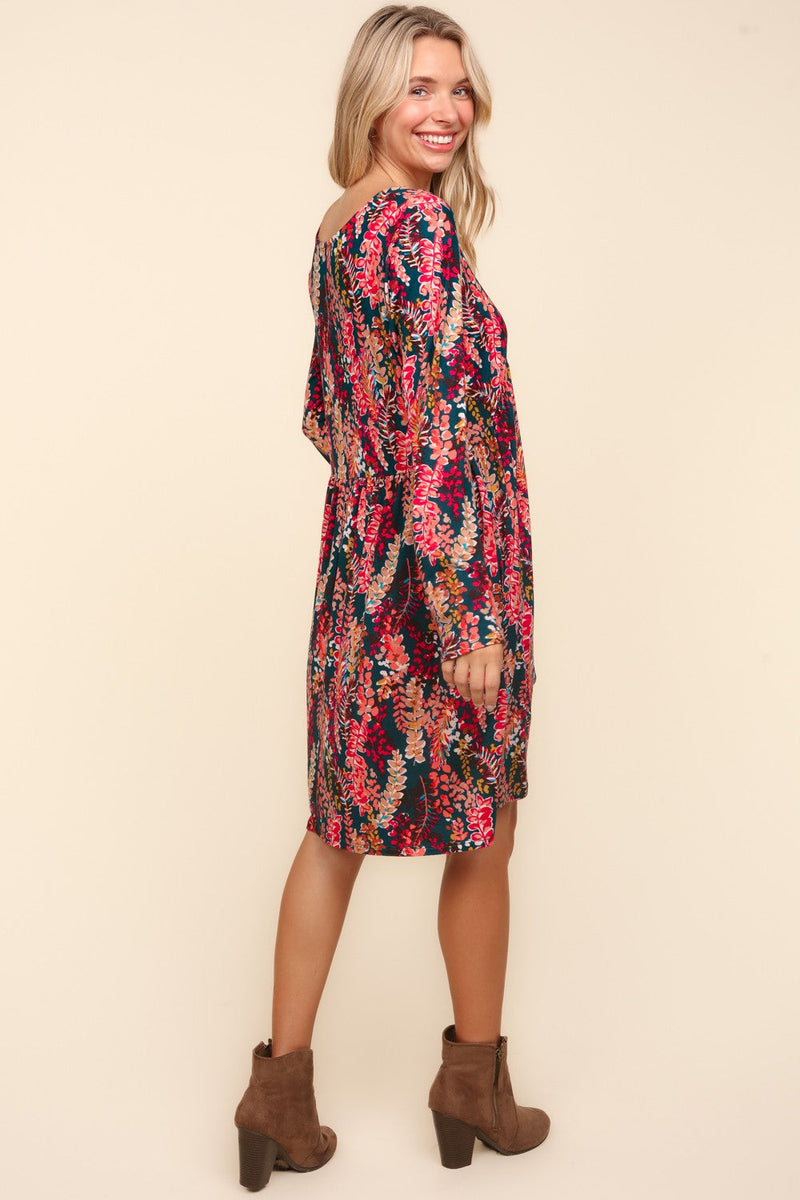 Babydoll Floral Knee Length Dress with Pockets in Hunter Green Berry SidePony Boutique Babydoll Floral Knee Length Dress with Pockets in Hunter Green Berry SidePony Boutique