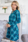 Teal Long Sleeve Plaid Knit Dress