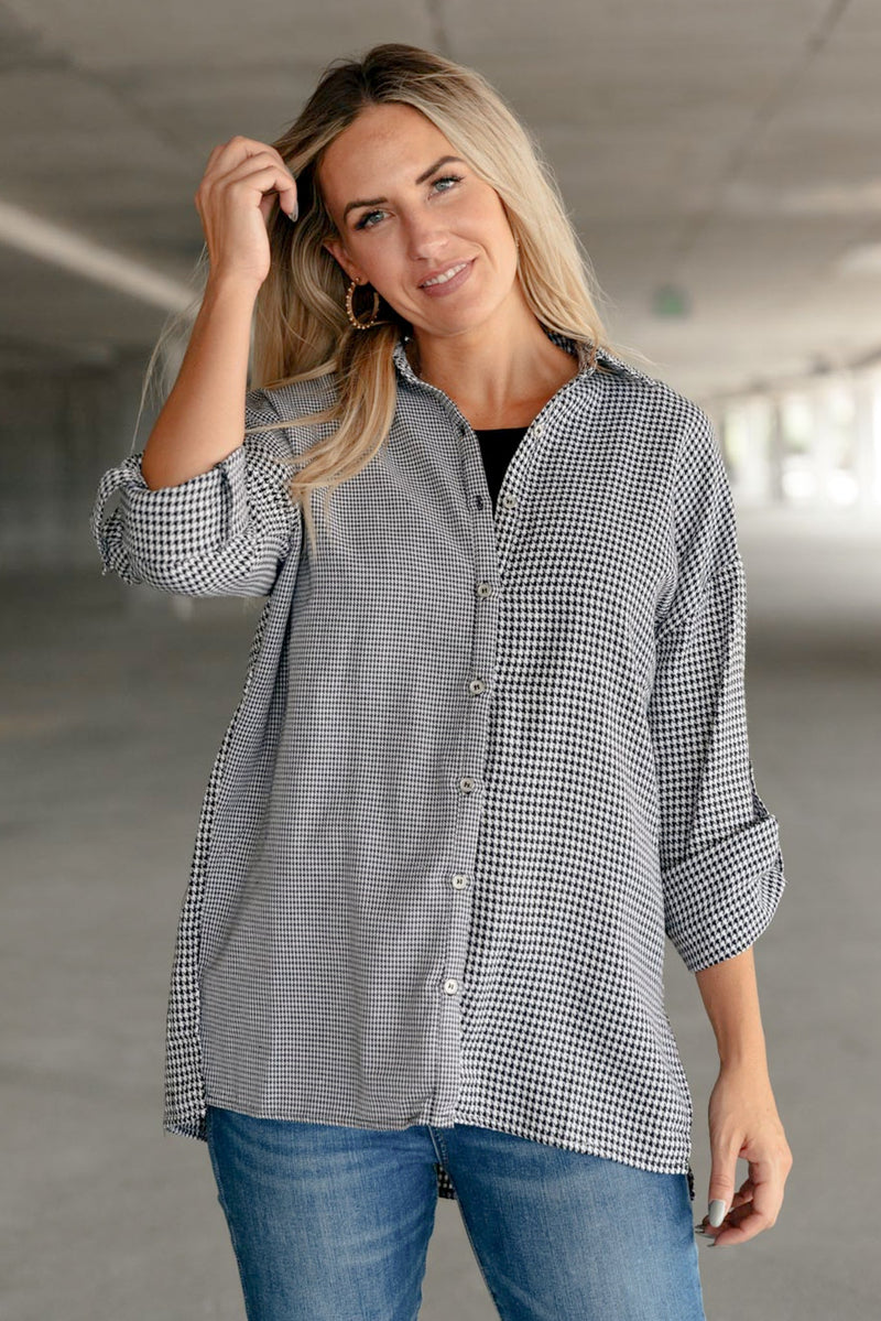 Mixed Houndstooth Button Up Top Womens