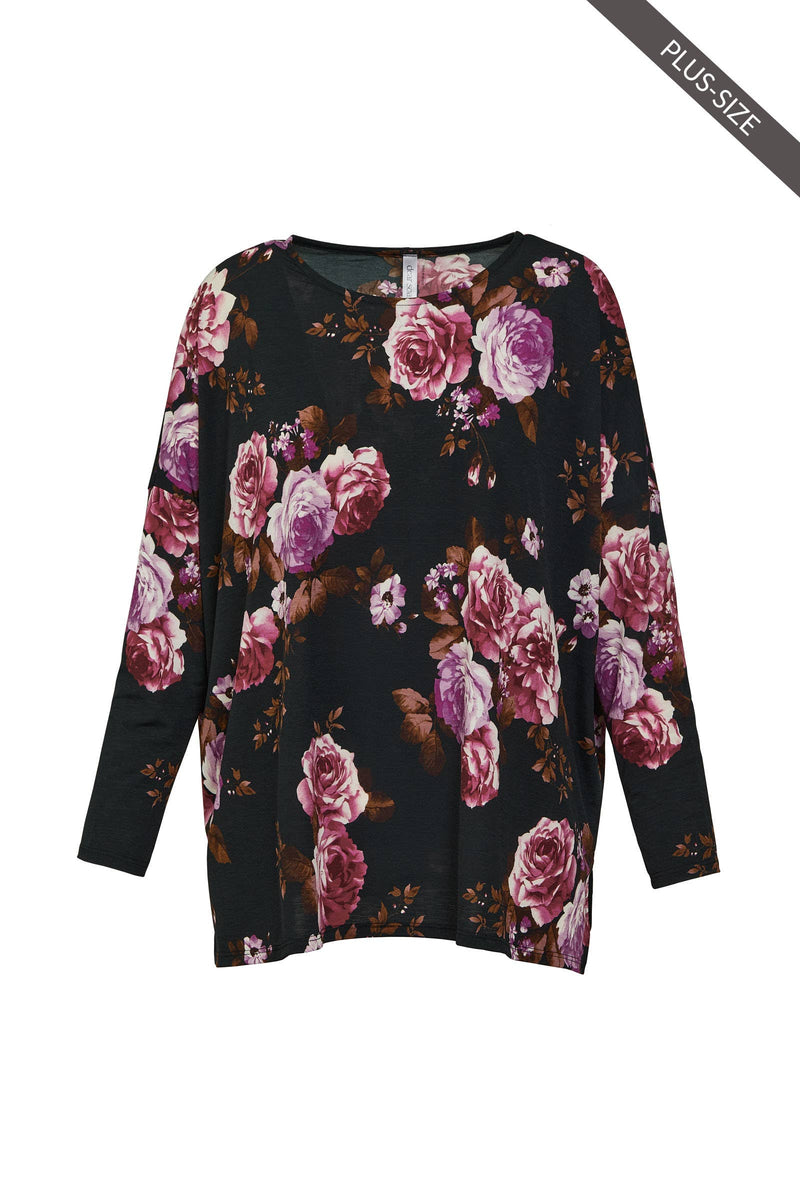 Long Sleeve Floral Print Tunic Top: Black Mauve