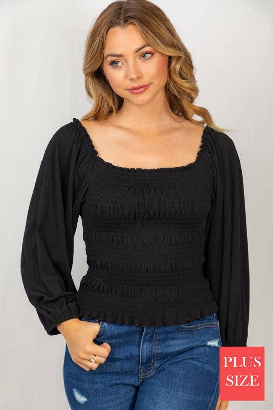 Black Long Sleeve Solid Knit Smocked Top