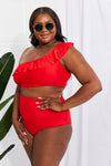 Marina West Swim Seaside Romance Ruffle One-Shoulder Bikini In Red Scarlett / S
