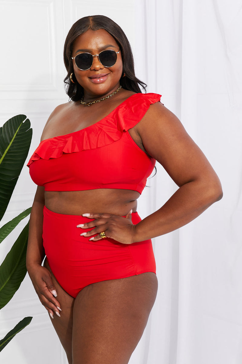 Marina West Swim Seaside Romance Ruffle One-Shoulder Bikini In Red Scarlett / S