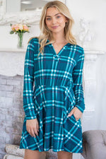 Teal Long Sleeve Plaid Knit Dress