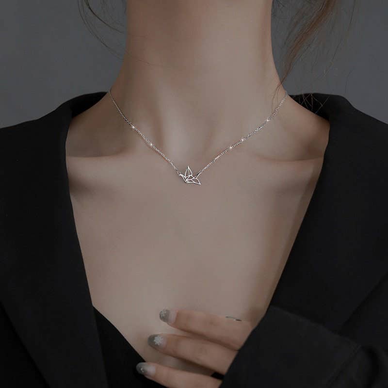 Japanese Orizuru Crane Charm Necklace in 925 Sterling Silver: Rose gold
