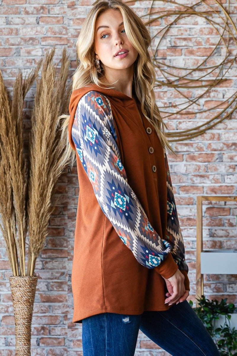 Half Button Printed Long Sleeve Hooded Top Mocha Brown