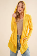 Thermal Hooded Open Front Cardigan with Pockets in Vivid Yellow