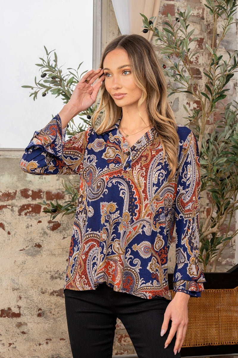 Wrinkle Free Paisley Print Long Sleeve Top