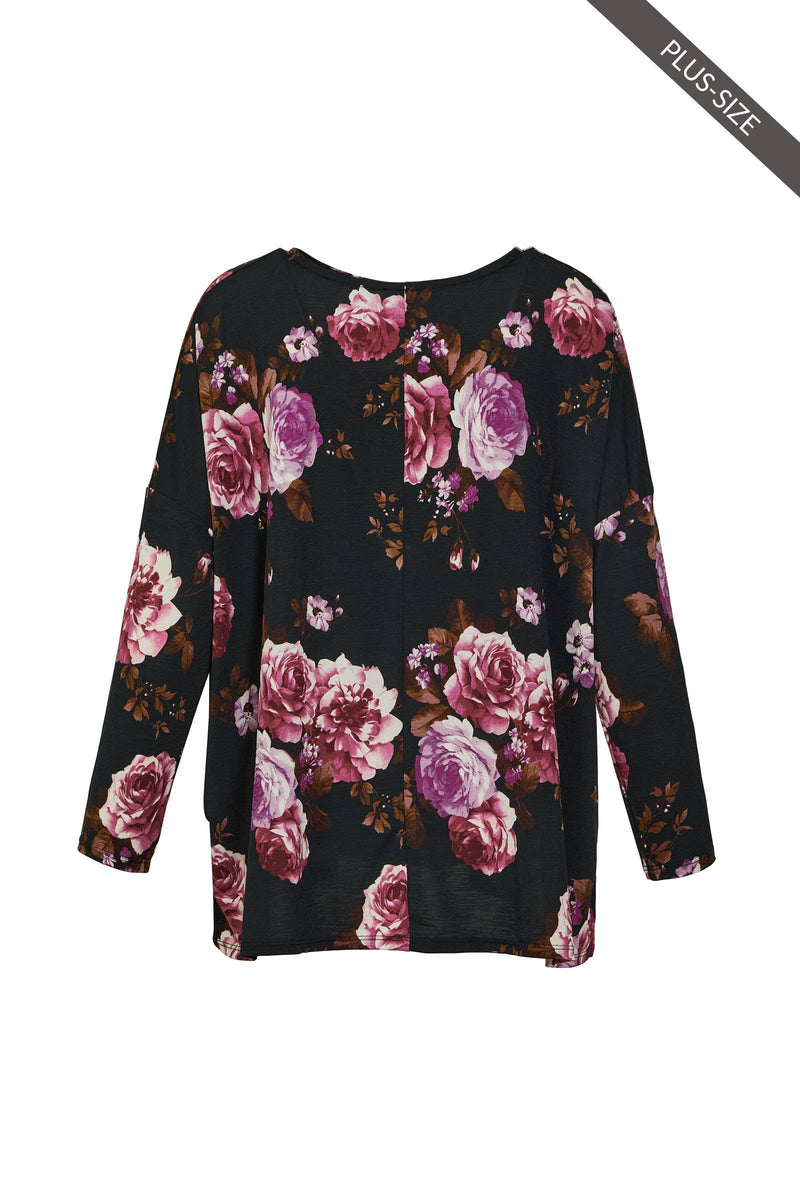 Long Sleeve Floral Print Tunic Top: Black Mauve