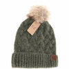 C.C Beanie - Chunky Braided Cable Knit Fur Pom C.C Beanie: Olive