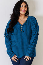 Ribbed Half Button Long Sleeve T-Shirt