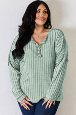 Ribbed Half Button Long Sleeve T-Shirt