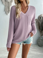 Pocketed Textured V-Neck Long Sleeve T-Shirt