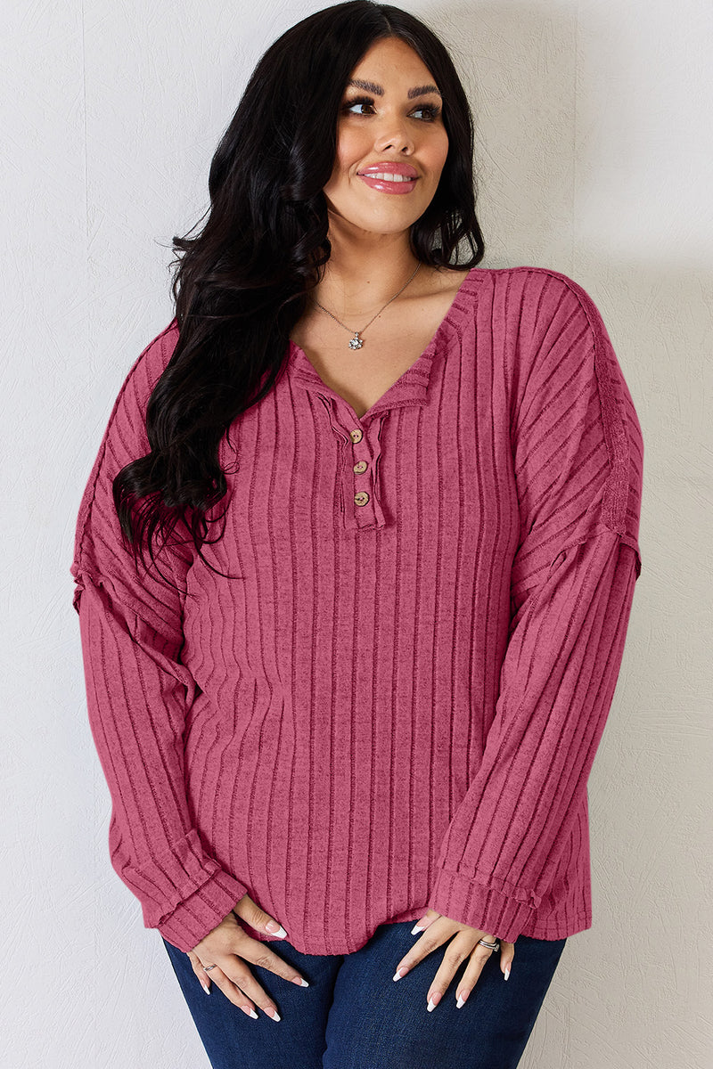 Ribbed Half Button Long Sleeve T-Shirt