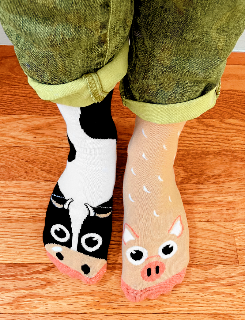 Pals Socks - Cow and Pig Cute Mismatched Socks for Adults