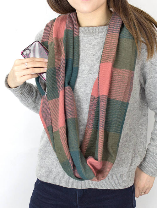 Stylish Plaid Infinity Scarf with Hidden Zipper: Muted Green & Red