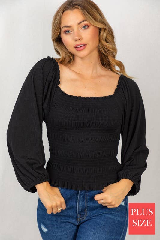 Black Long Sleeve Solid Knit Smocked Top