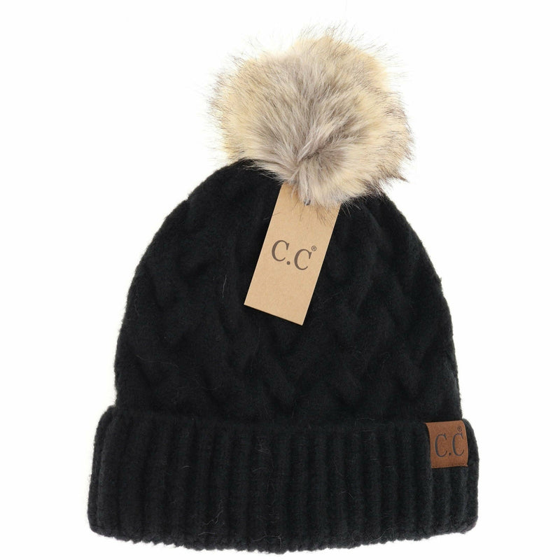 C.C Beanie - Chunky Braided Cable Knit Fur Pom C.C Beanie: Black