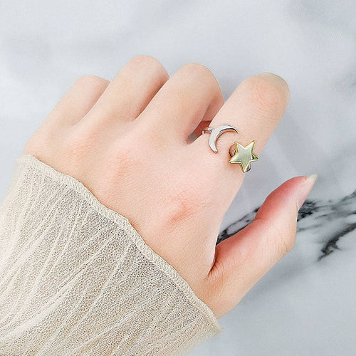 Moon Star Anxiety Fidget Spinner Ring in Solid Copper: Silver