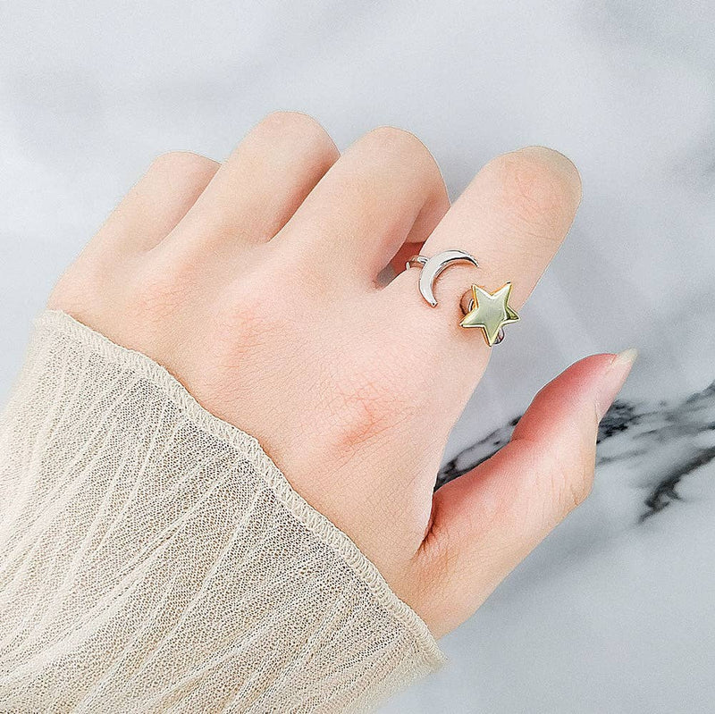 Moon Star Anxiety Fidget Spinner Ring in Solid Copper: Silver