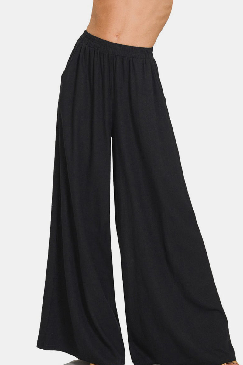 Pleated Linen Blend Wide Leg Pants in Black