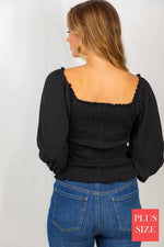 Black Long Sleeve Solid Knit Smocked Top