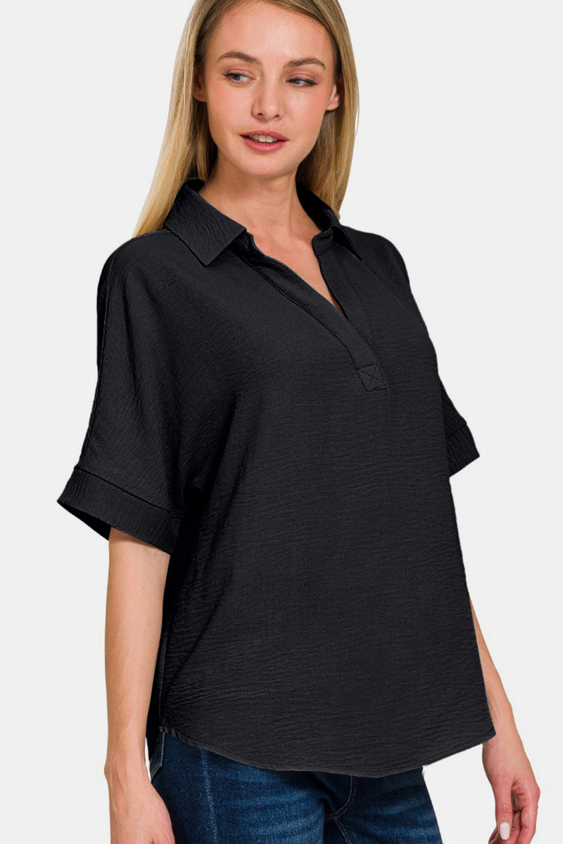 Texture Collared Neck Short Sleeve Top