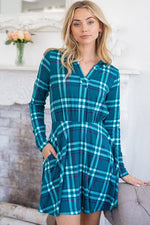 Teal Long Sleeve Plaid Knit Dress