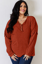 Ribbed Half Button Long Sleeve T-Shirt