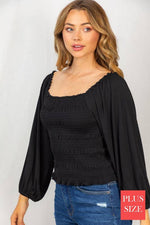 Black Long Sleeve Solid Knit Smocked Top