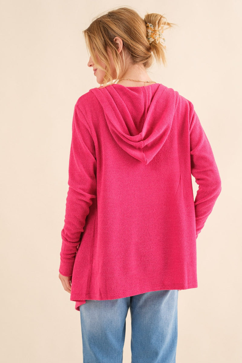 Thermal Hooded Open Front Cardigan with Pockets in fuchsia