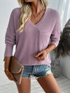 Pocketed Textured V-Neck Long Sleeve T-Shirt