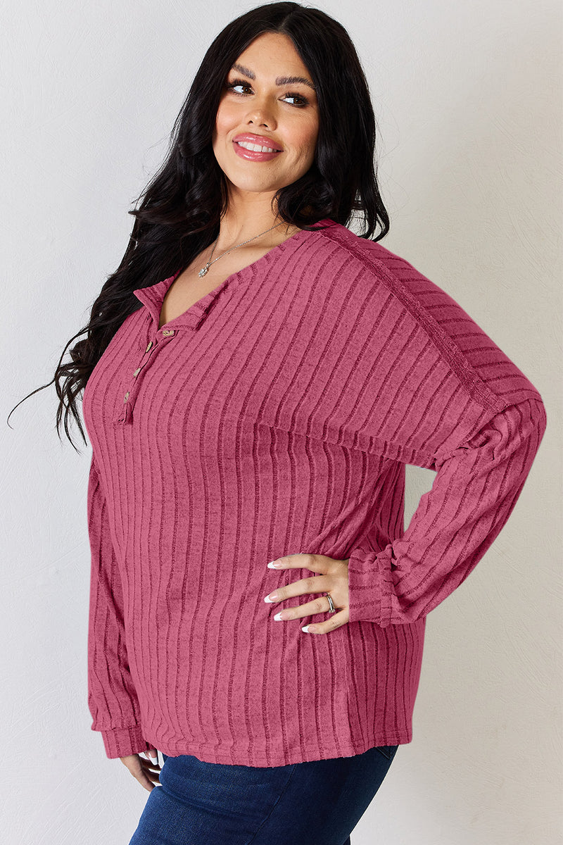 Ribbed Half Button Long Sleeve T-Shirt