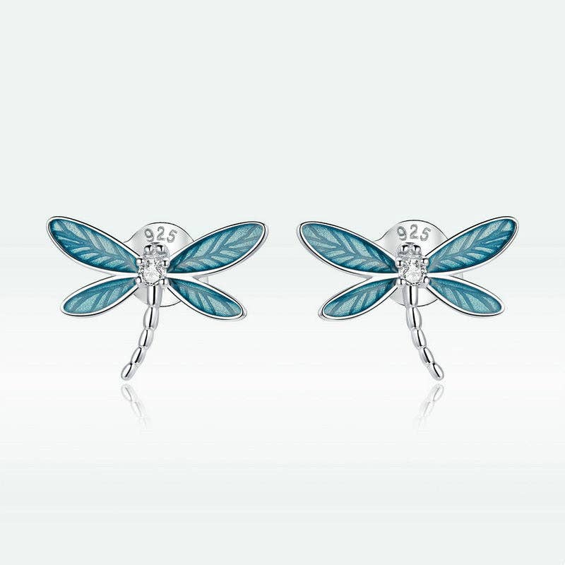 Blue Enamel Dragonfly Stud Earrings in 925 Sterling Silver